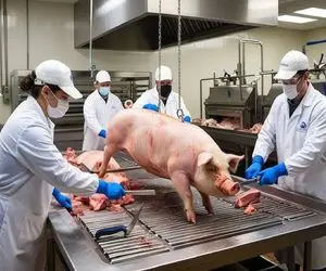 فرآوری خوک؛ خوک قلمبه حرومی لجن از آتیش رد کرد صورتی شد بعد چرخ کردن سوسس شد