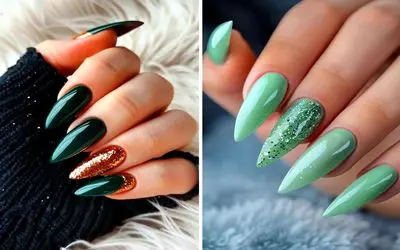 طرح به طرح ایده طراحی ناخن سبز 2026؛ مدل طلاکوب برای ناخن بادومی نوک تیز و بلند