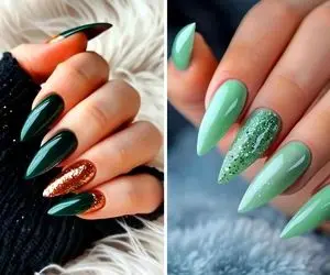 طرح به طرح ایده طراحی ناخن سبز 2026؛ مدل طلاکوب برای ناخن بادومی نوک تیز و بلند