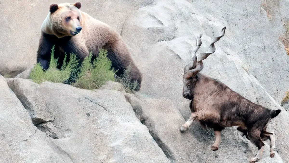 از جذابیت های حیات وحش؛ بز کوهی که لا به لای صخره مار میخوره و خرس ازش میترسه