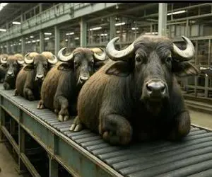 فرآوری بوفالو؛ بوفالو میبرن سلاخ خونه شاخشو میبرن واسه قداره گوشتش میشه استیک