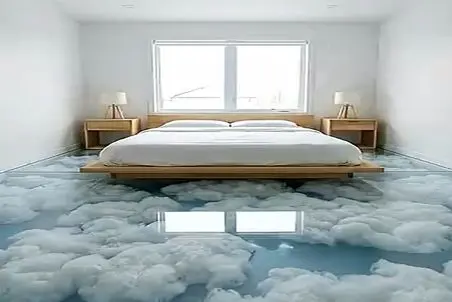 معماری خلاقانه؛ کف زمین رو جوری دیزاین کردن که وقتی تخت گذاشتن انگار رو ابرا میخوابن