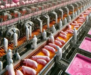 فرآوری خوک؛ خوک حرومی صورتی و بعد قلمبه شدن تو سلاخخونه برد کارواش گردنشو زد