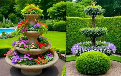 آبنماهای طبقاتی با گل و هم آوایی جریان آب و شکوفه ها؛ طبیعت و طراحی مدرن پیوند خوردن