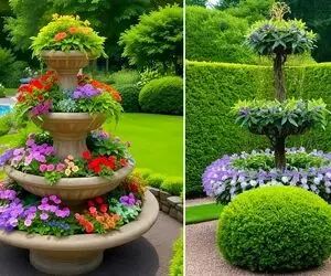 آبنماهای طبقاتی با گل و هم آوایی جریان آب و شکوفه ها؛ طبیعت و طراحی مدرن پیوند خوردن