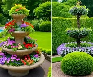 آبنماهای طبقاتی با گل و هم آوایی جریان آب و شکوفه ها؛ طبیعت و طراحی مدرن پیوند خوردن