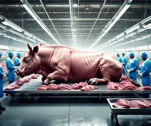 فرآوری خوک؛ خوک و گاو قلمبه صورتی با اره برقی سلاخی نصف و چرخ میکنه سوسیس شن