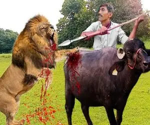 جنگجویان طبیعت؛ گردن شیر بدسگال موقع دزدیدن بوفالو از طویله با شمشیر نصف شد