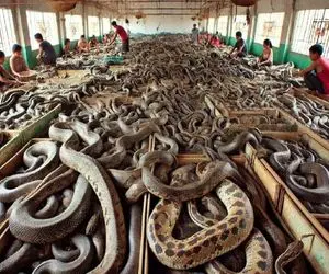 فرآوری مار؛ پیتون غول با چنگک خفه و پوستشو جدا میکنه گوشتشو مثله شده میفروشه