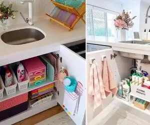 چیدمان و سازماندهی کابینت زیر ظرفشویی؛ ایده مرتب کردن و استفاده از کف و درب و لوله ها