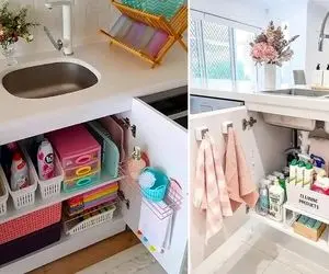 چیدمان و سازماندهی کابینت زیر ظرفشویی؛ ایده مرتب کردن و استفاده از کف و درب و لوله ها