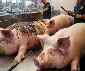 فرآوری خوک؛ خوک لجن انقد قلمبه شد برد کارواش ریش بشه واسه الویه ژامبون شدن