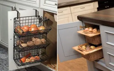 مدل های جدید سبد سیب زمینی و پیاز 2025؛ نمونه های چرخی و توکار کابینتی که شاهکارن