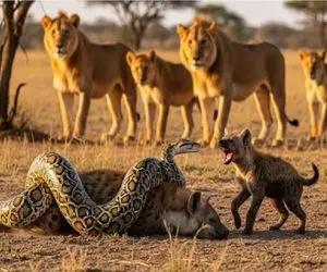 حیات وحش مصنوعی؛ پیتون غول پچید دور کفتار مادر ببلعه شیر دریدش