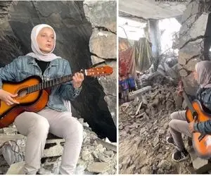 آواز بهشتی؛ دختر خوش قلب با ساز کوک و صدای مخملی تو خرابه های غزه می زنه و می خونه