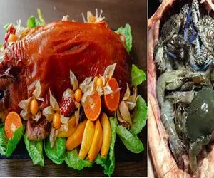 غذای چندش؛ شکم خوک حرومی با موش های کریه پر کرد دوخت بعد جوشوندن بریونی کرد