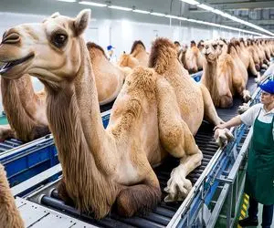 فرآوری شتر؛ شتر با کوهان 2 متری رو زنده انداختن تو چرخ ازش سوسیس دودی ساختن