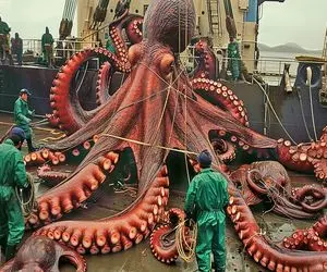 کارخانه حیوانات؛ اختاپوسای غول پیکر رو بعد از صید دریا اسلایس میکنن واسه سالاد سزار