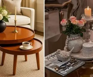 چیدمان با سلیقه میز جلو مبلی با المان های ساده؛ با یکم اکسسوری و کمی ذکاوت عالی میشه