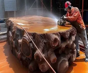 سازه‌های ابتکار آمیز؛ مرده کنده درخت 100ساله غول پیکرو تبدیل کرد به یه میز جزیره