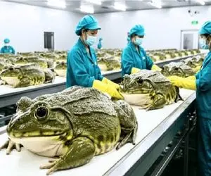 فرآوری قورباغه؛ قورباغه لزج پرورش میدن گوشت ساطوریش رو بسته بندی و صادر کنن