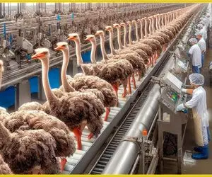 فرآوری شتر مرغ؛ پوست شتر مرغ و مثل کاغذ شکلات درسته میکَنن باهاش پالتو درست میکُنن