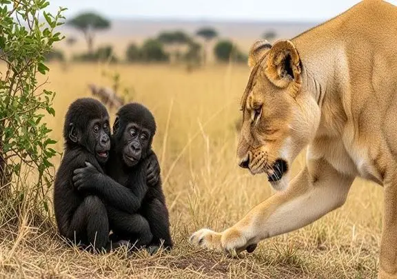 مستند حیات وحش؛ شیر گشنه به بچه میمون ها رسید نه تنها نخورد بلکه شد مادرشون