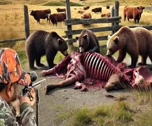 جذابیت حیات وحش؛ خرس ددمنش گاومیش‌ رو بلعید استخونش موند صاحبش با خنجر گردن خرسو زد