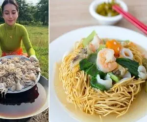 غذای چندش؛ بچه اختاپوس های صورتی و بعد شستن سرخ میکنه برای طبخ پاستا