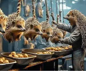 فرآوری جوجه‌تیغی؛ جوجه‌تیغی و تو جعبه بزرگ میکنن بعد کندن تیغاش ساطوریش میکنن