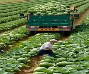 کشاورزی نوین؛ تو مزرعه ۸۰۰۰ هکتاری ماشین مکنده از دریچه زیر هندونه رو هورتی درو میکنه