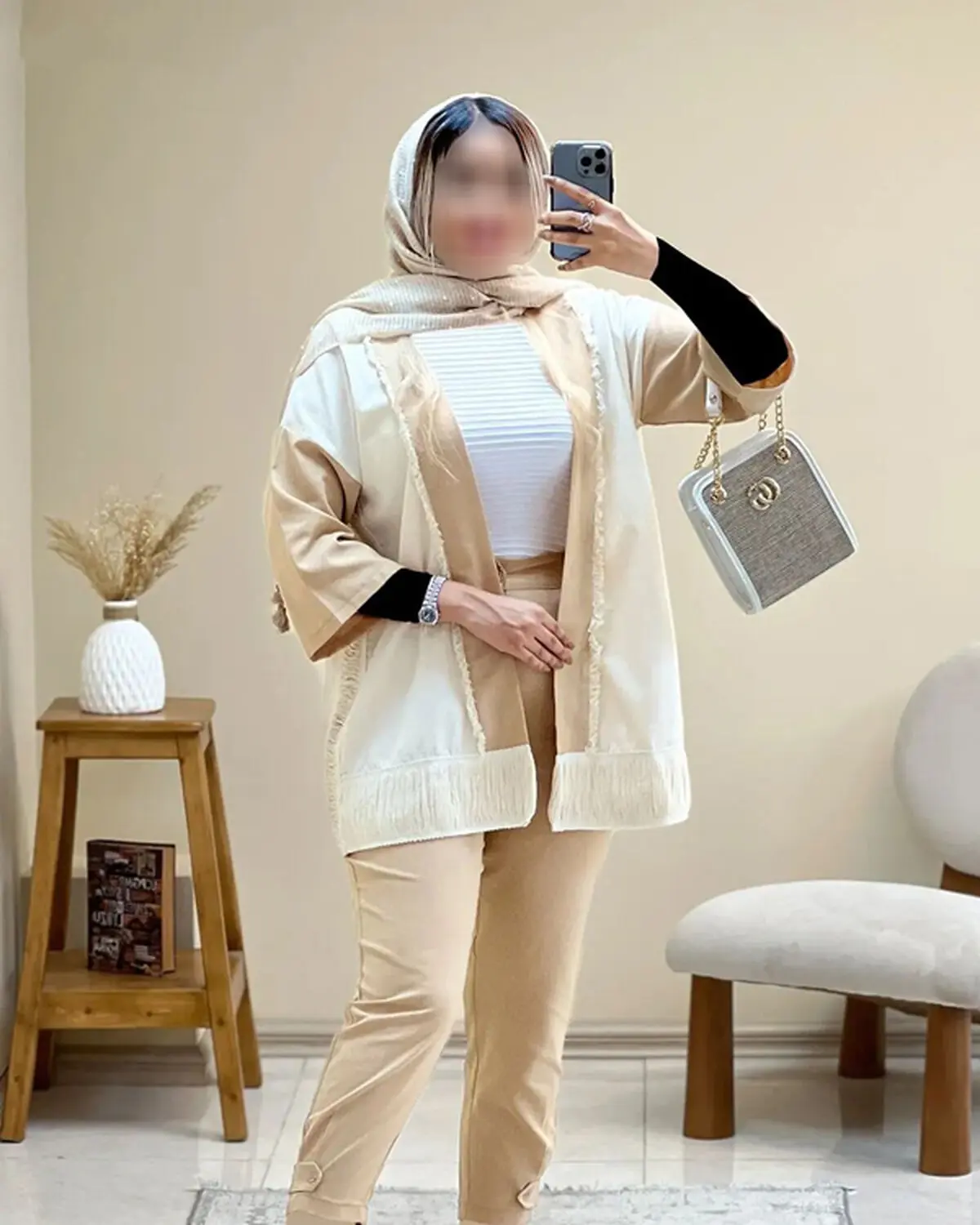 ست مانتو شلوار لینن کرم