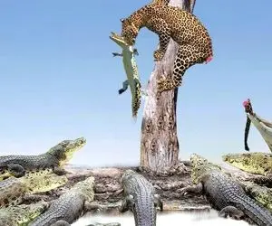 از جذابیت های حیات وحش؛ پلنگ از هیبت کروکودیل های وحشی غافلگیر و ناجور گرخید