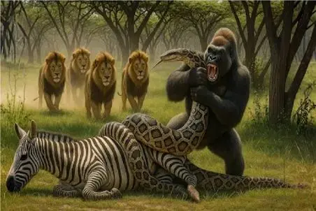 حیات وحش مصنوعی؛ گوریل جسور خر راه راه رو از حلقه مرگ پیتون نجات میده