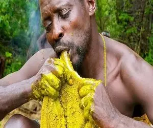 کباب خوک؛ بربرهای برهنه روده خوک و با چاقو پاره و اسلایس کردن خام خوردن