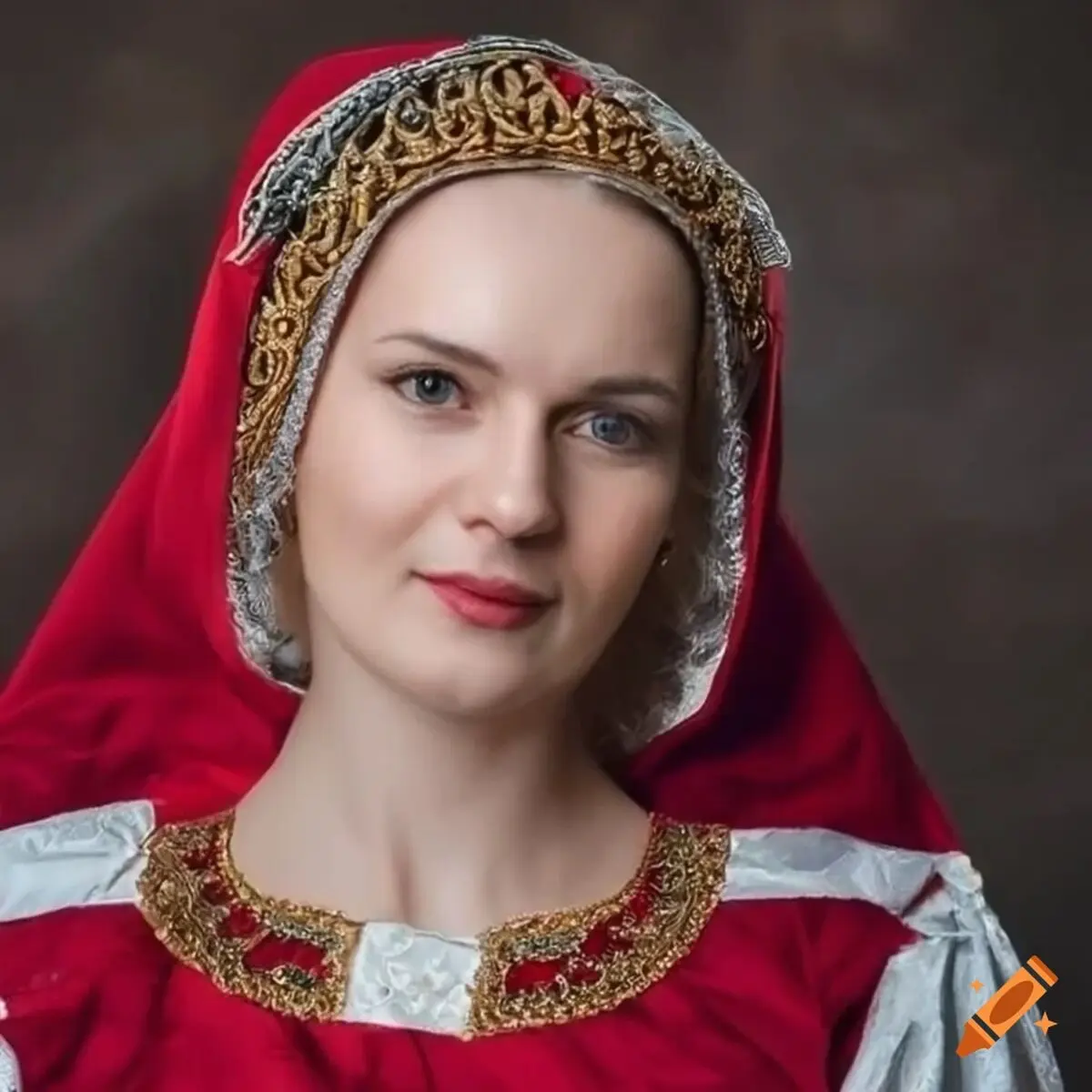 craiyon_103107_Medieval_Lady__White_and_Red_Dress__Detailed_Dress__Adult__Portrait__Face_in_Frame__S