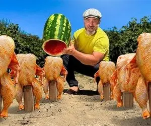 غذای هندوانه ای؛ بعد از اینکه جوجه رو کلی طعم دار کردن تو هندوانه بریان می کنن