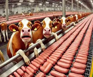 فرآوری گاو؛ گاو خوش رنگ غول و درسته میندازه دستگاه چرخ میکنه سوسیس تحویل میده