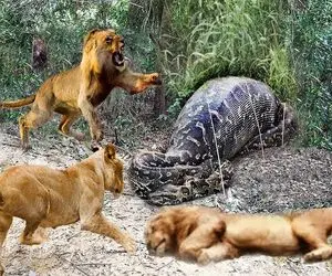 صحنه دهشتناک؛ پیتون غول با زهرش شیرو از پا درآورد تا بعد از هضم اولی بخورتش