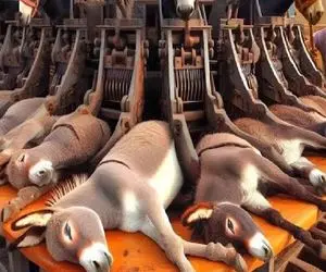 فرآوری الاغ؛ گردن الاغ و بعد 60 سال بهره کشی تو سلاخخونه از قفا زدن مثله کردن