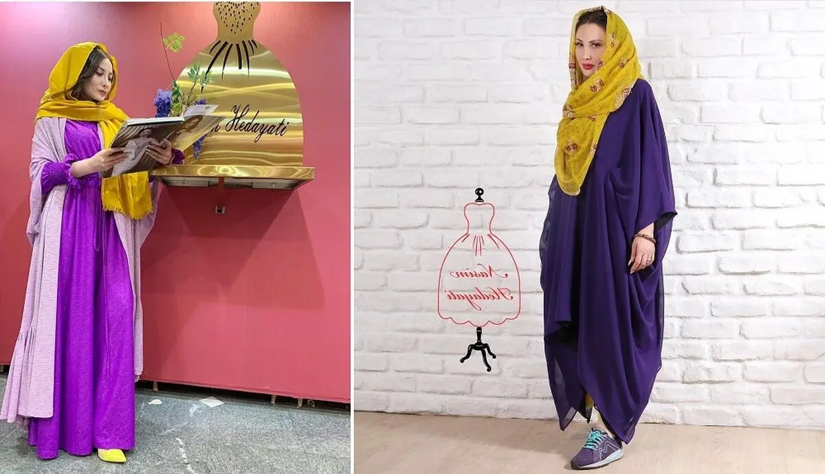 مانتوی بنفش با شال یا روسری کهربایی