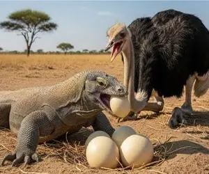 حیات وحش مصنوعی؛ شترمرغ در راستای حراست از تخماش جفتک انداخت فک کومودو خرد شه