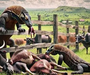 بدایع حیات وحش؛ کومودو ددمنش سوسکی یورش برد سمت بوفالوها شرحه کرد بلعید