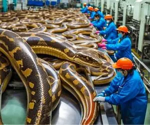 فرآوری مار پیتون؛ مارهای بزرگ به قطر لوله پولیکا میریزن رو میزه پوستش رو می کنن