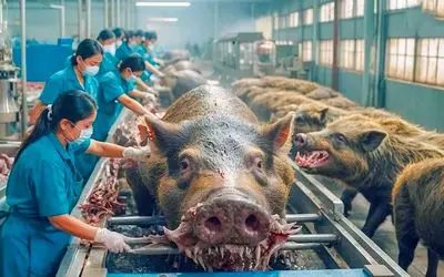 فرآوری گراز؛ خانوم های جوان گراز بد ترکیب رو پوست می کنن و با ساطور شقه میکنن