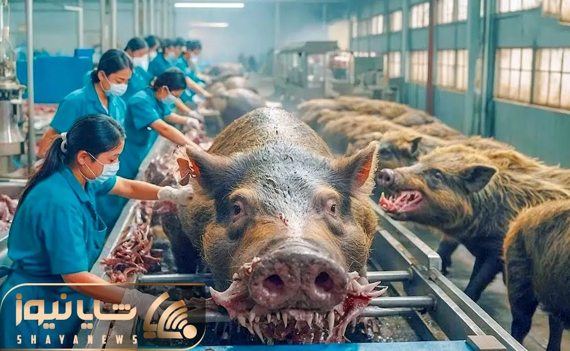 فرآوری گراز؛ خانوم های جوان گراز بد ترکیب رو پوست می کنن و با ساطور شقه میکنن