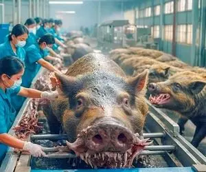 فرآوری گراز؛ خانوم های جوان گراز بد ترکیب رو پوست می کنن و با ساطور شقه میکنن