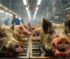 فراوری خوک؛ خوک های درشت رو میزارن رو سینی تا بره تو کوره و نیم پز شد سوسیس می کنن