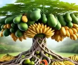 کشاورزی نوین؛ موز و انبه رو پیوند زدن درختشون خیلی جالب شد یکی درمیون موز و انبه داده