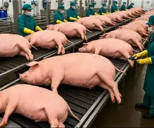 فرآوری خوک؛ شکم خوک قلمبه صورتی زیر تیغ فناوری میشکافن ازش سوسیس بگیرن